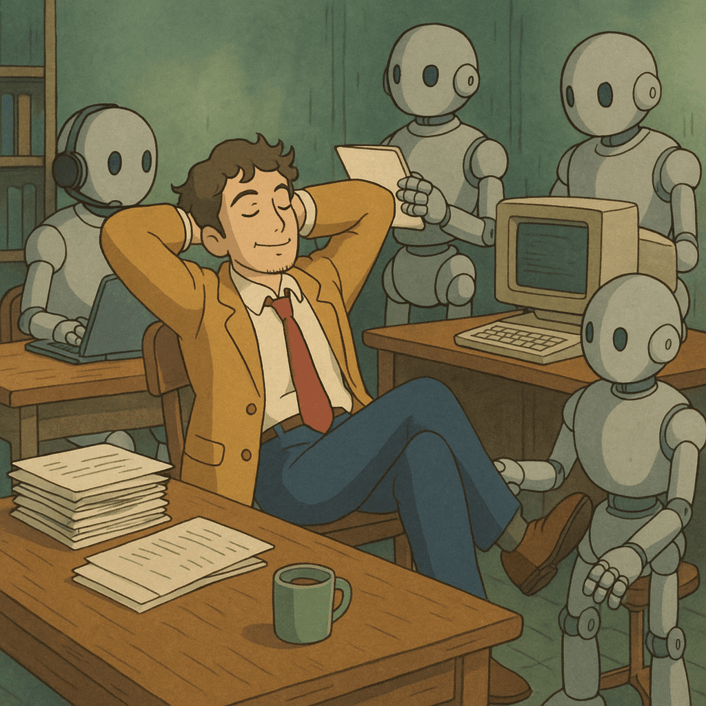 AI robots working in an office, while a human relaxes.